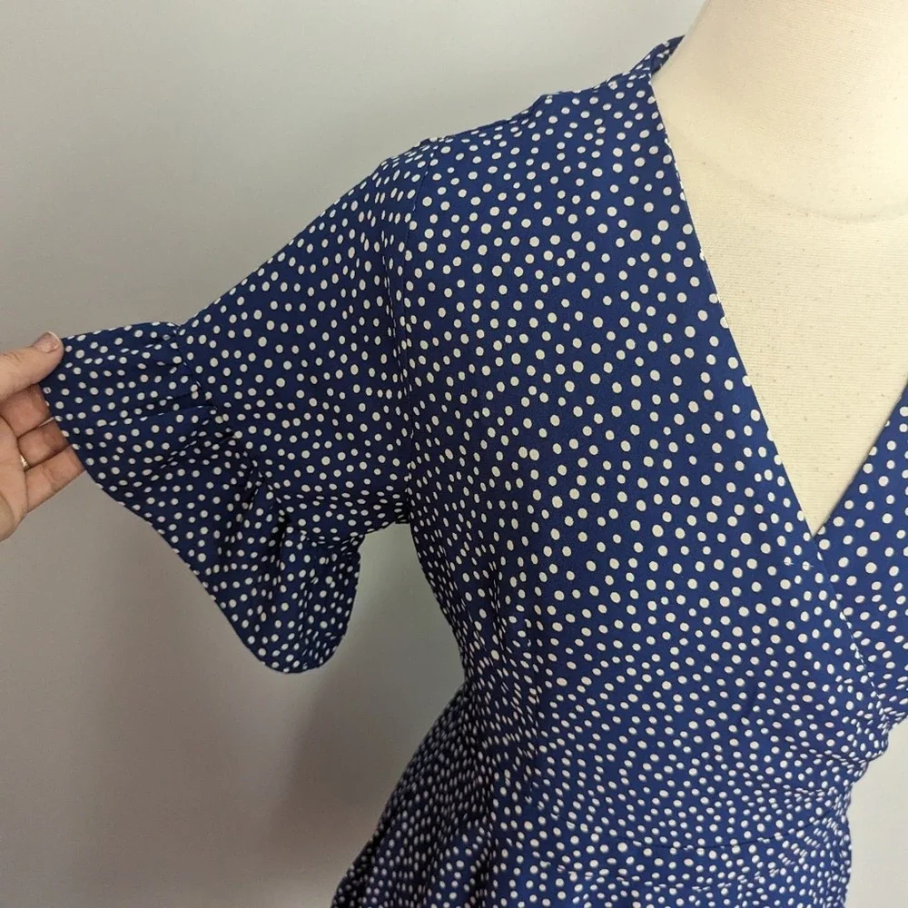 AQUA— Size M, Blue White Polka Dot Wrap Dress Ruffle - Picture 7 of 8
